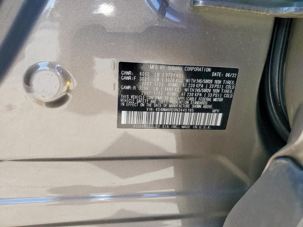 2022 Subaru Ascent Touring VIN: 4S4WMARD9N3445185 Lot: 90750295