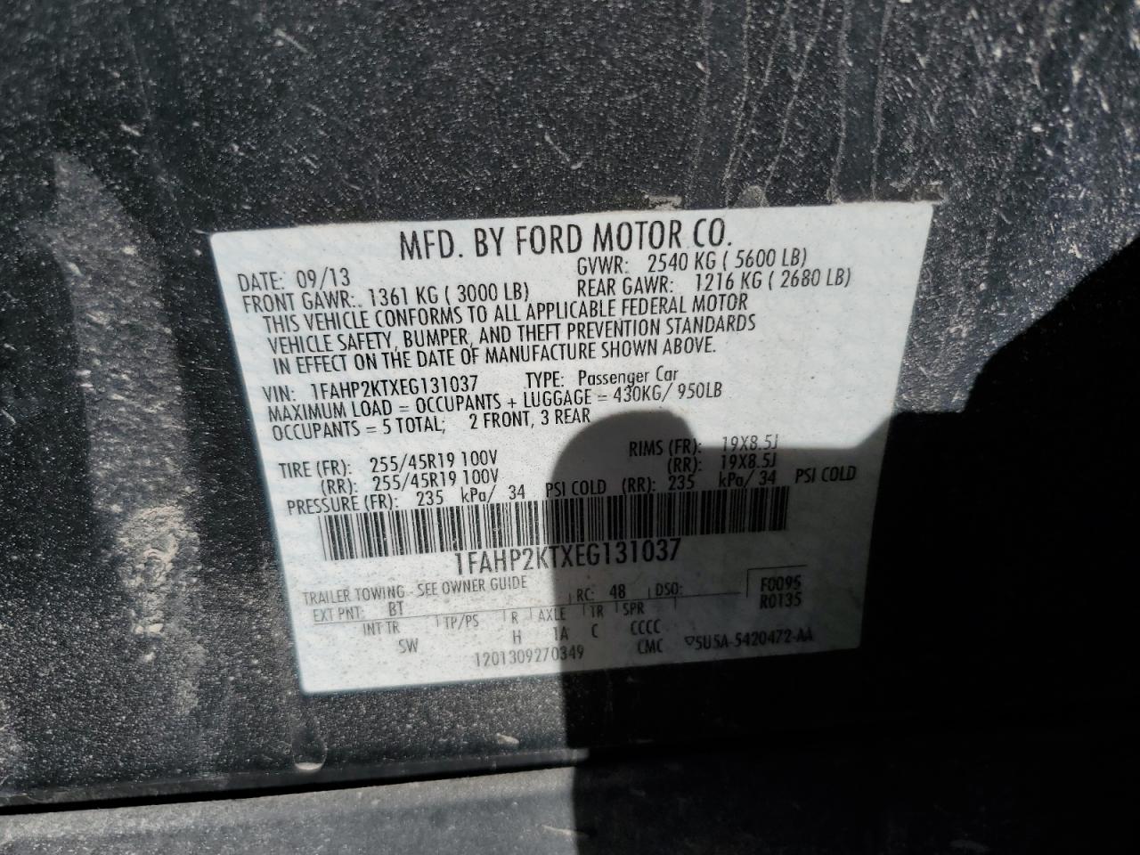 2014 Ford Taurus Sho VIN: 1FAHP2KTXEG131037 Lot: 91275245