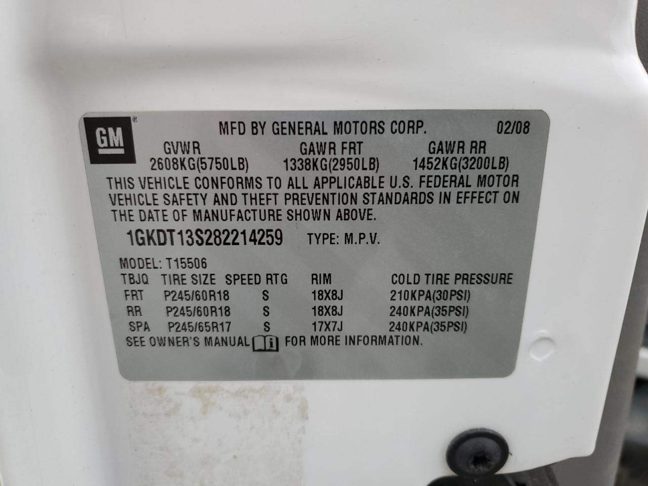 2008 GMC Envoy VIN: 1GKDT13S282214259 Lot: 93519785