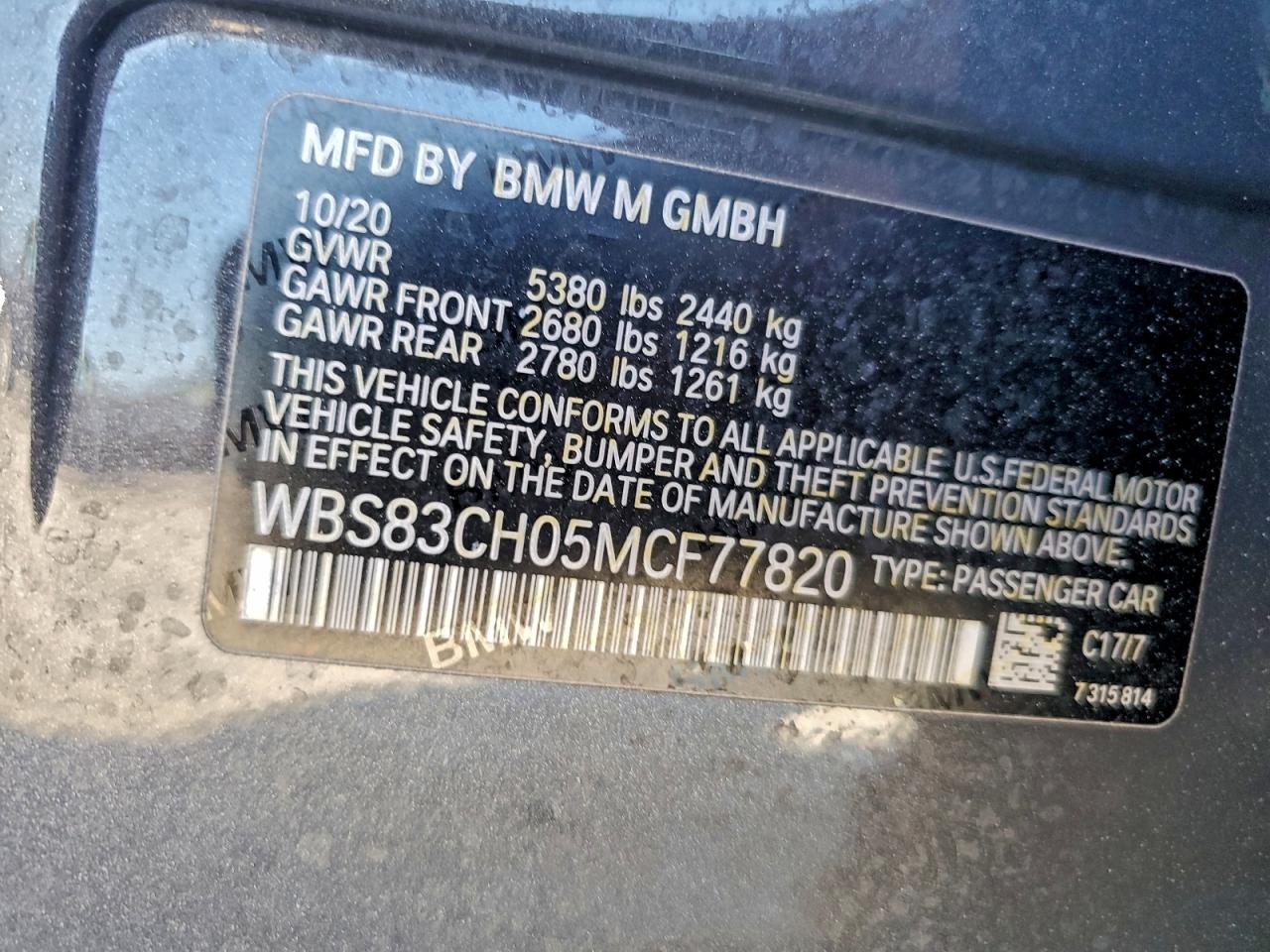 2021 BMW M5 VIN: WBS83CH05MCF77820 Lot: 94064215