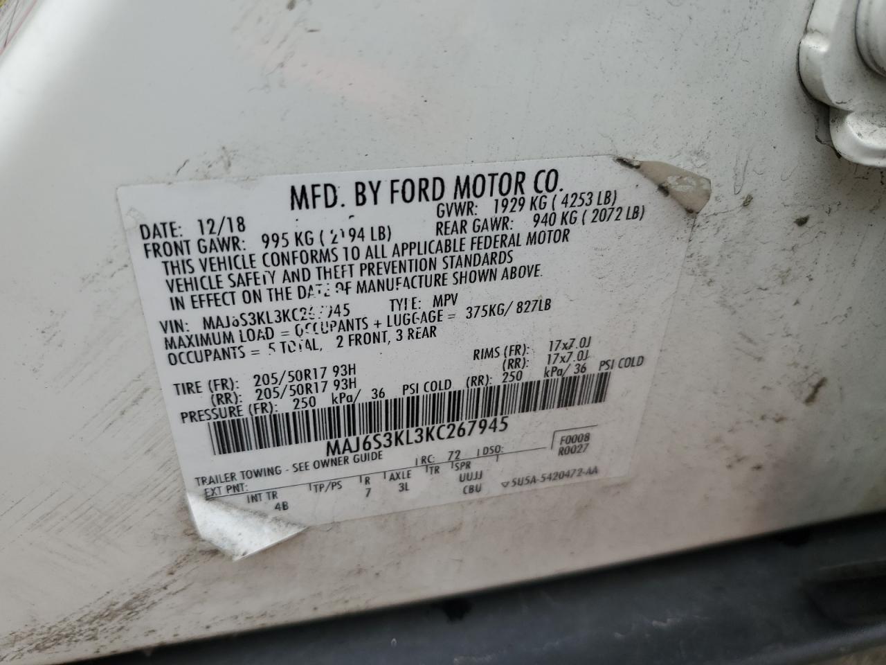 2019 Ford Ecosport Titanium VIN: MAJ6S3KL3KC267945 Lot: 93337795