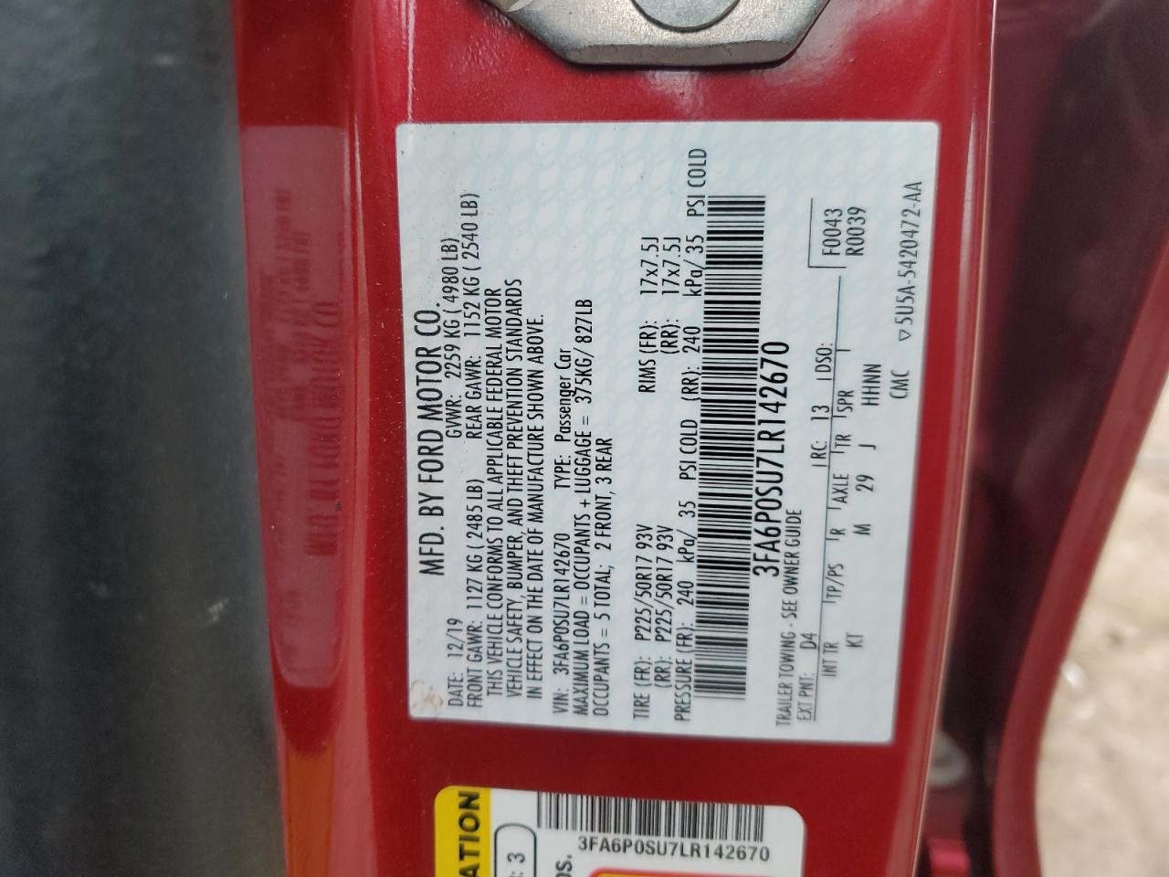 2020 Ford Fusion Titanium VIN: 3FA6P0SU7LR142670 Lot: 93487155