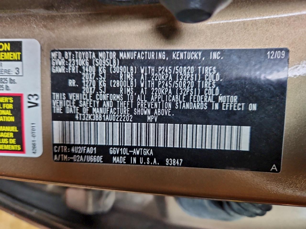 2010 Toyota Venza VIN: 4T3ZK3BB1AU022202 Lot: 93355045