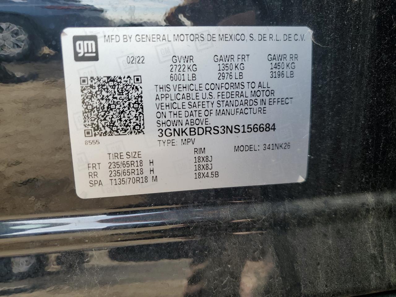 2022 Chevrolet Blazer 3Lt VIN: 3GNKBDRS3NS156684 Lot: 93130405