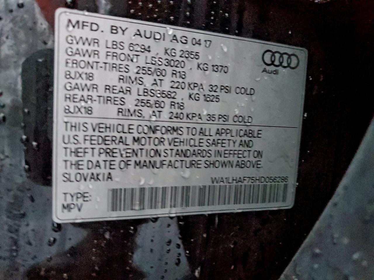 2017 Audi Q7 Premium Plus VIN: WA1LHAF75HD056286 Lot: 94572325