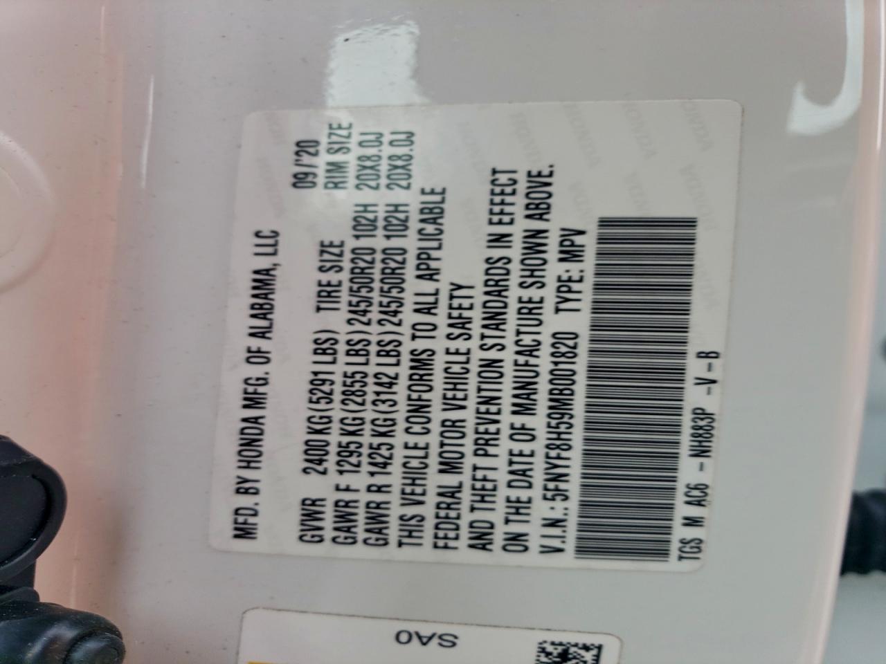 2021 Honda Passport Exl VIN: 5FNYF8H59MB001820 Lot: 93887975