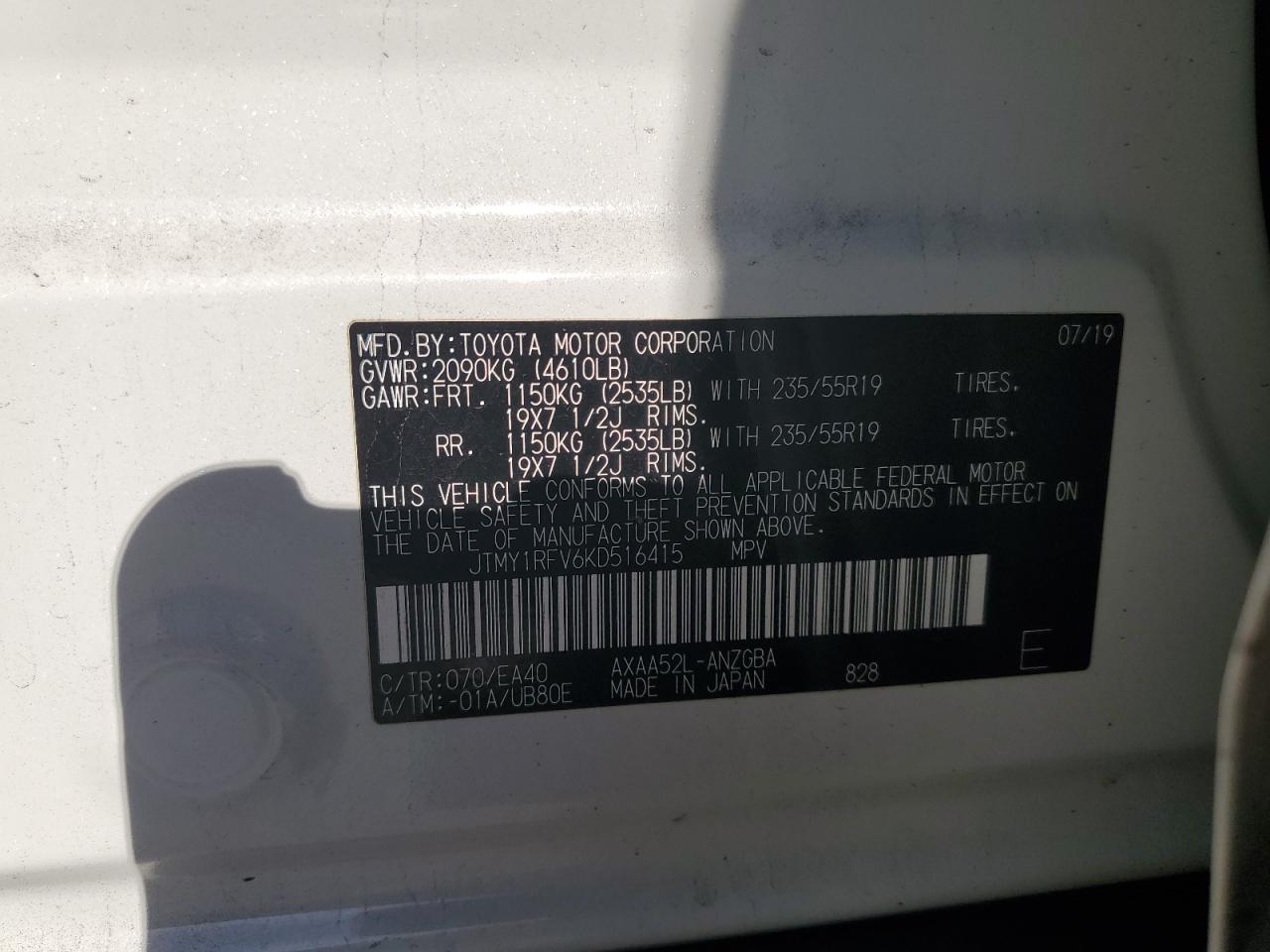 2019 Toyota Rav4 Limited VIN: JTMY1RFV6KD516415 Lot: 91327535