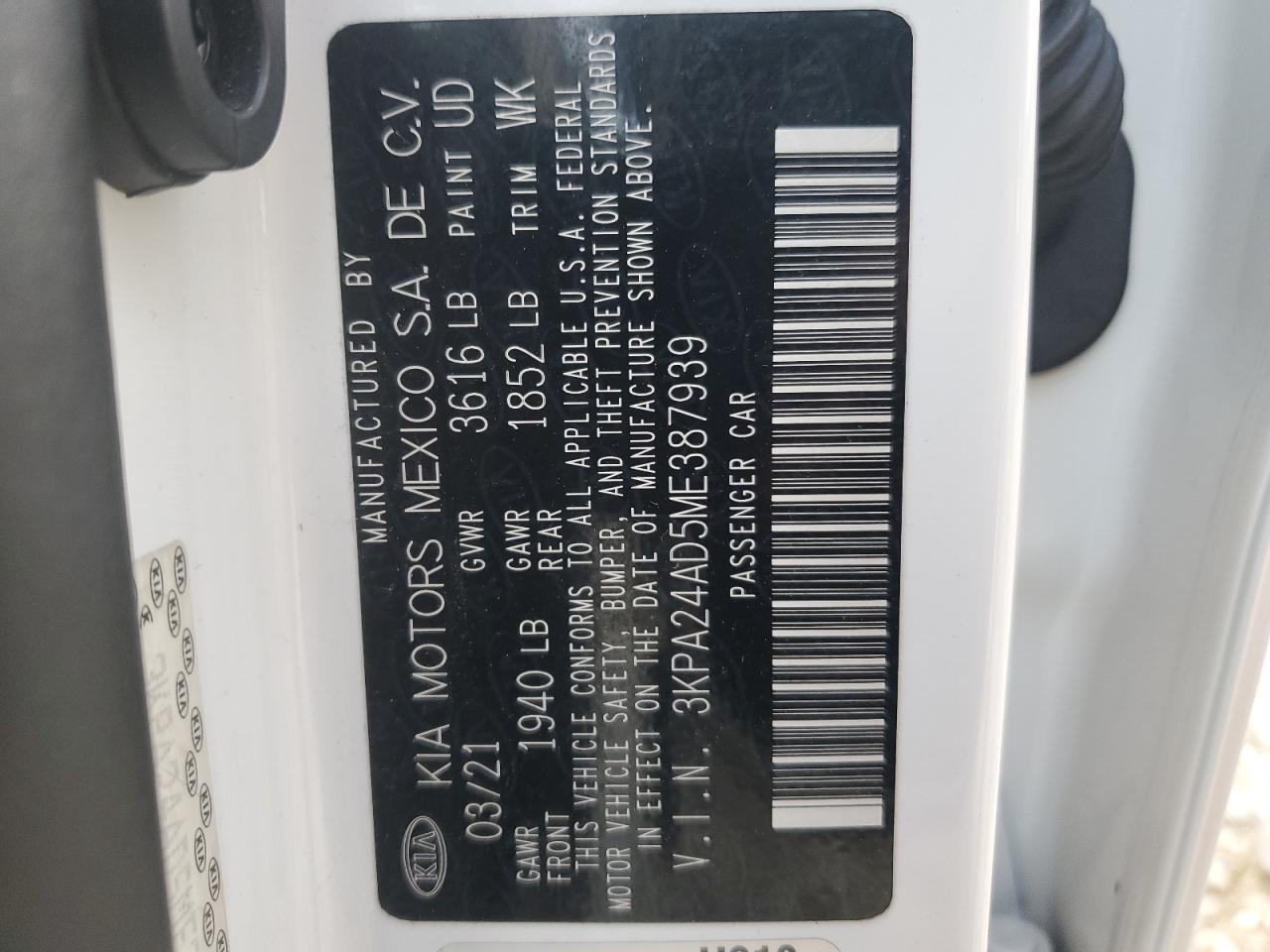 2021 Kia Rio Lx VIN: 3KPA24AD5ME387939 Lot: 92681365