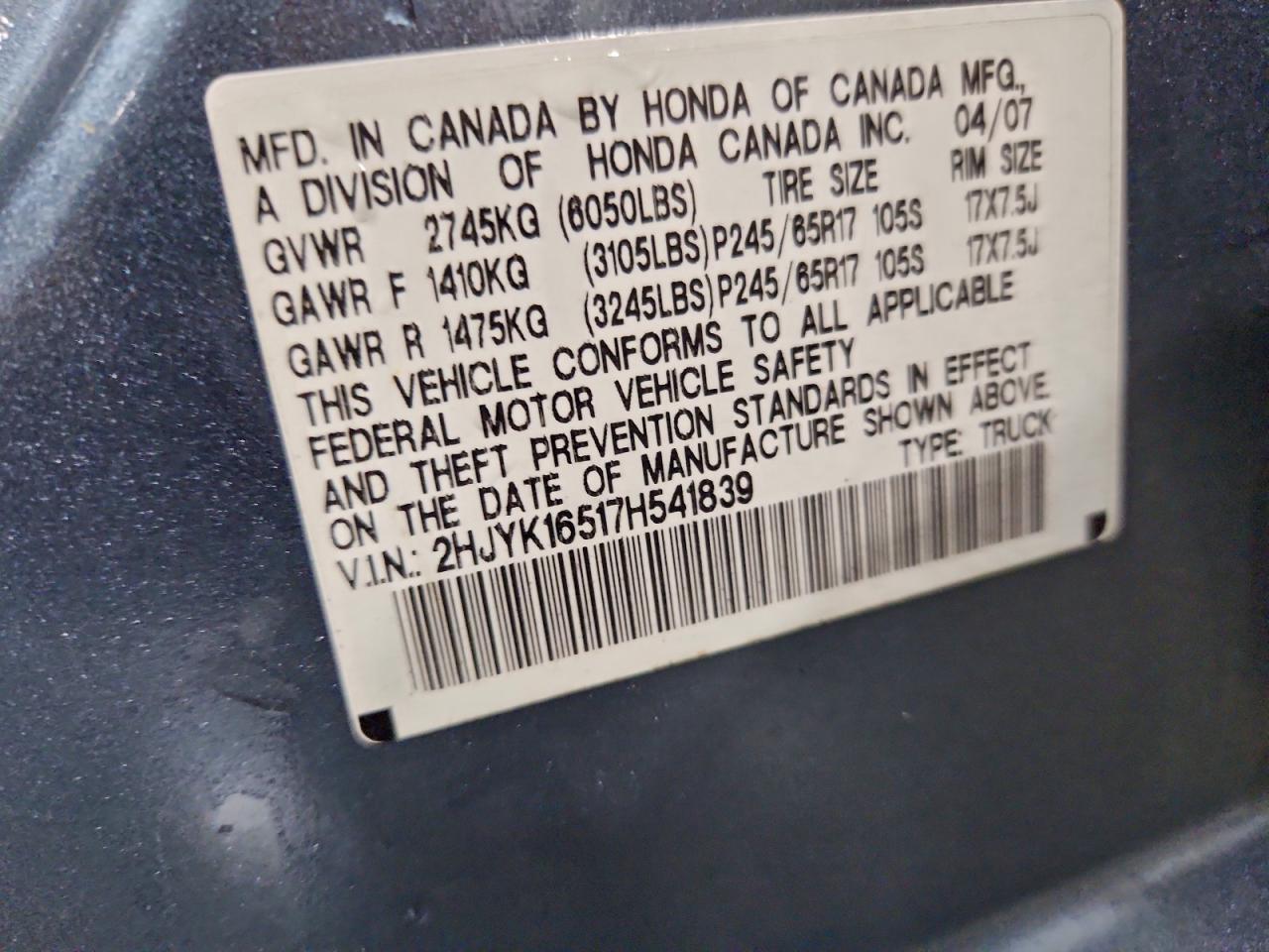 2007 Honda Ridgeline Rtl VIN: 2HJYK16517H541839 Lot: 93342865