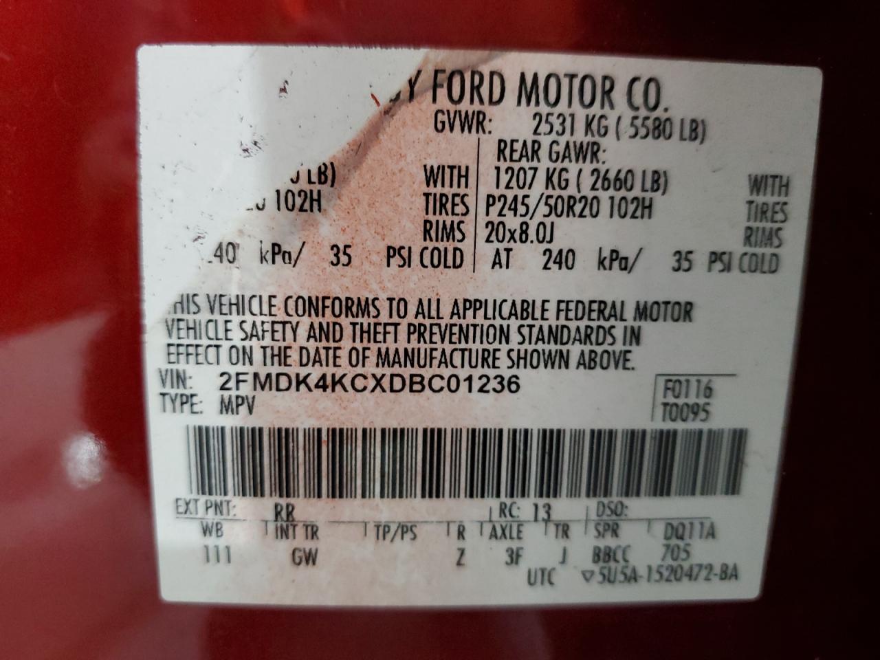 2013 Ford Edge Limited VIN: 2FMDK4KCXDBC01236 Lot: 93530185