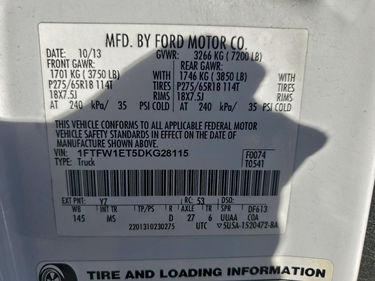 2013 Ford F150 Supercrew VIN: 1FTFW1ET5DKG28115 Lot: 94376095