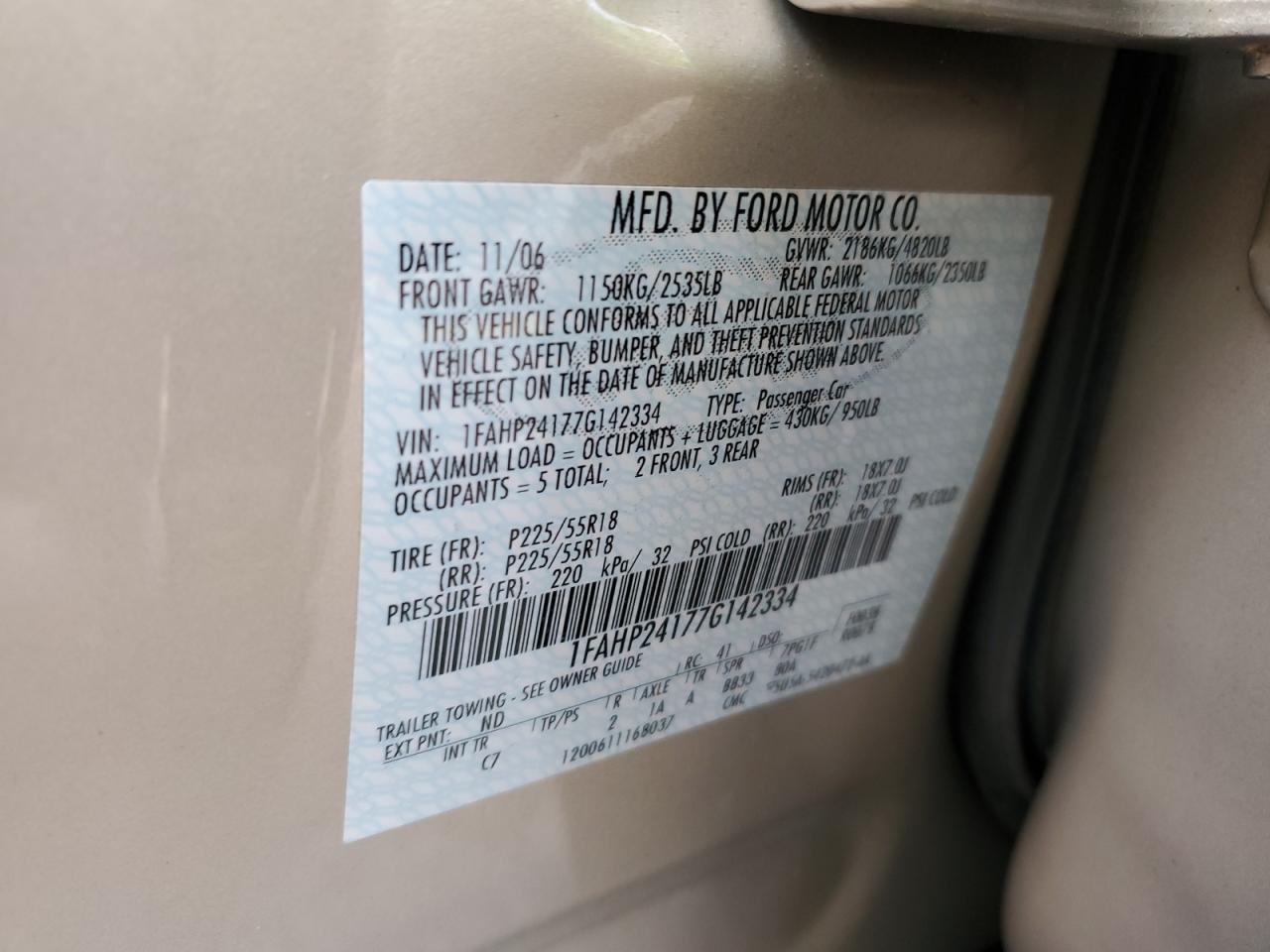 2007 Ford Five Hundred Sel VIN: 1FAHP24177G142334 Lot: 92752405