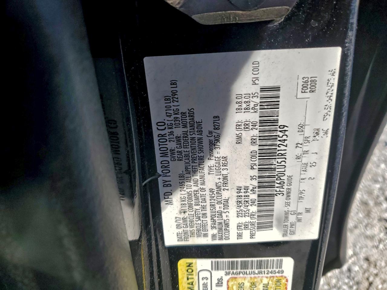 2018 Ford Fusion Se Hybrid VIN: 3FA6P0LU5JR124549 Lot: 93741105