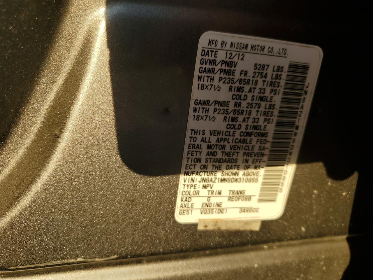 2013 Nissan Murano S VIN: JN8AZ1MW8DW310855 Lot: 91463245