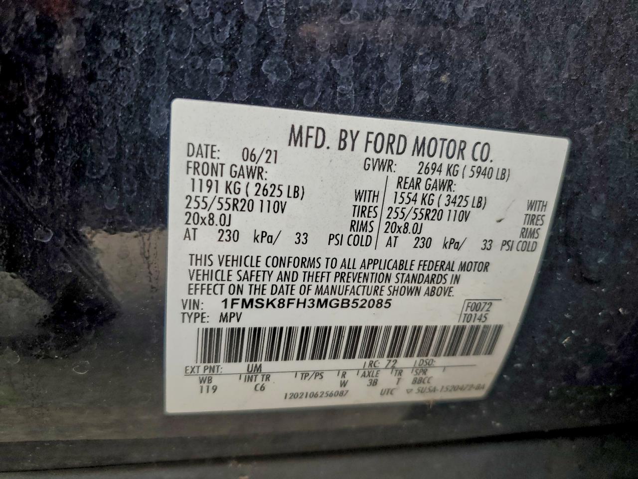 2021 Ford Explorer Limited VIN: 1FMSK8FH3MGB52085 Lot: 93894115