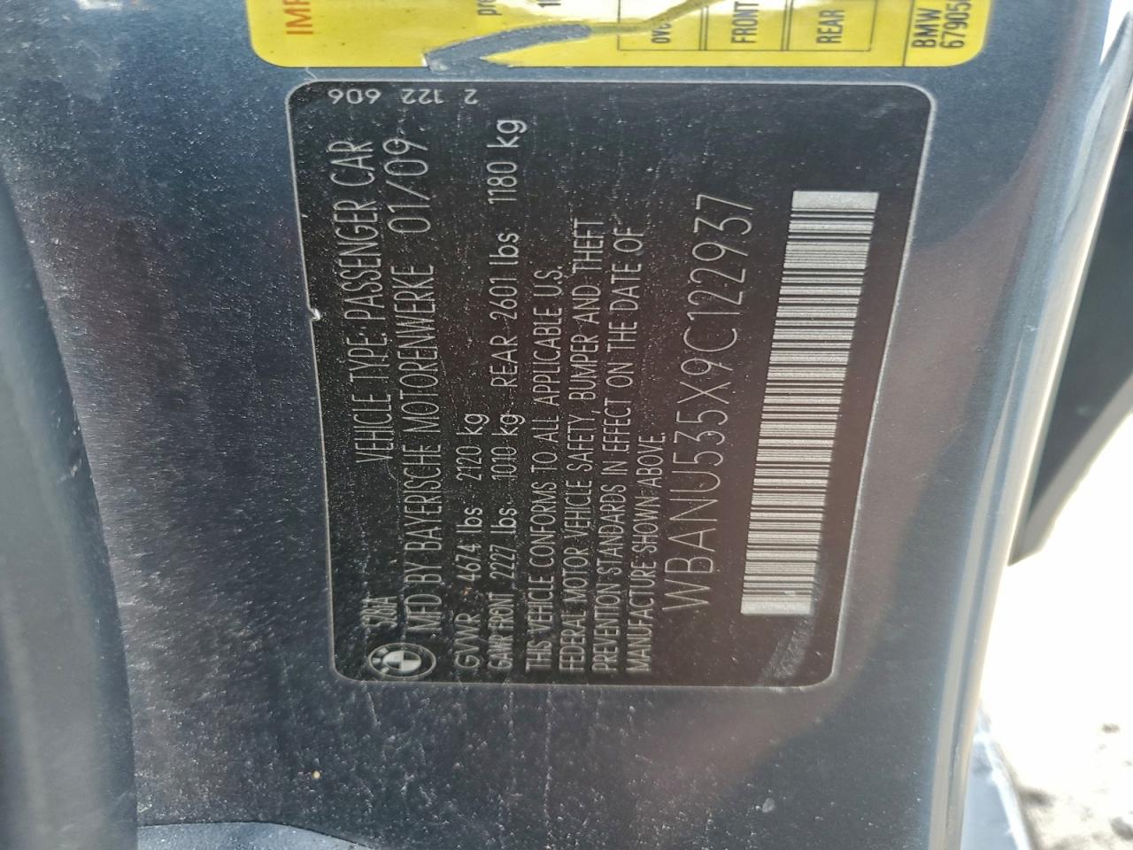 2009 BMW 528 I VIN: WBANU535X9C122937 Lot: 92405755