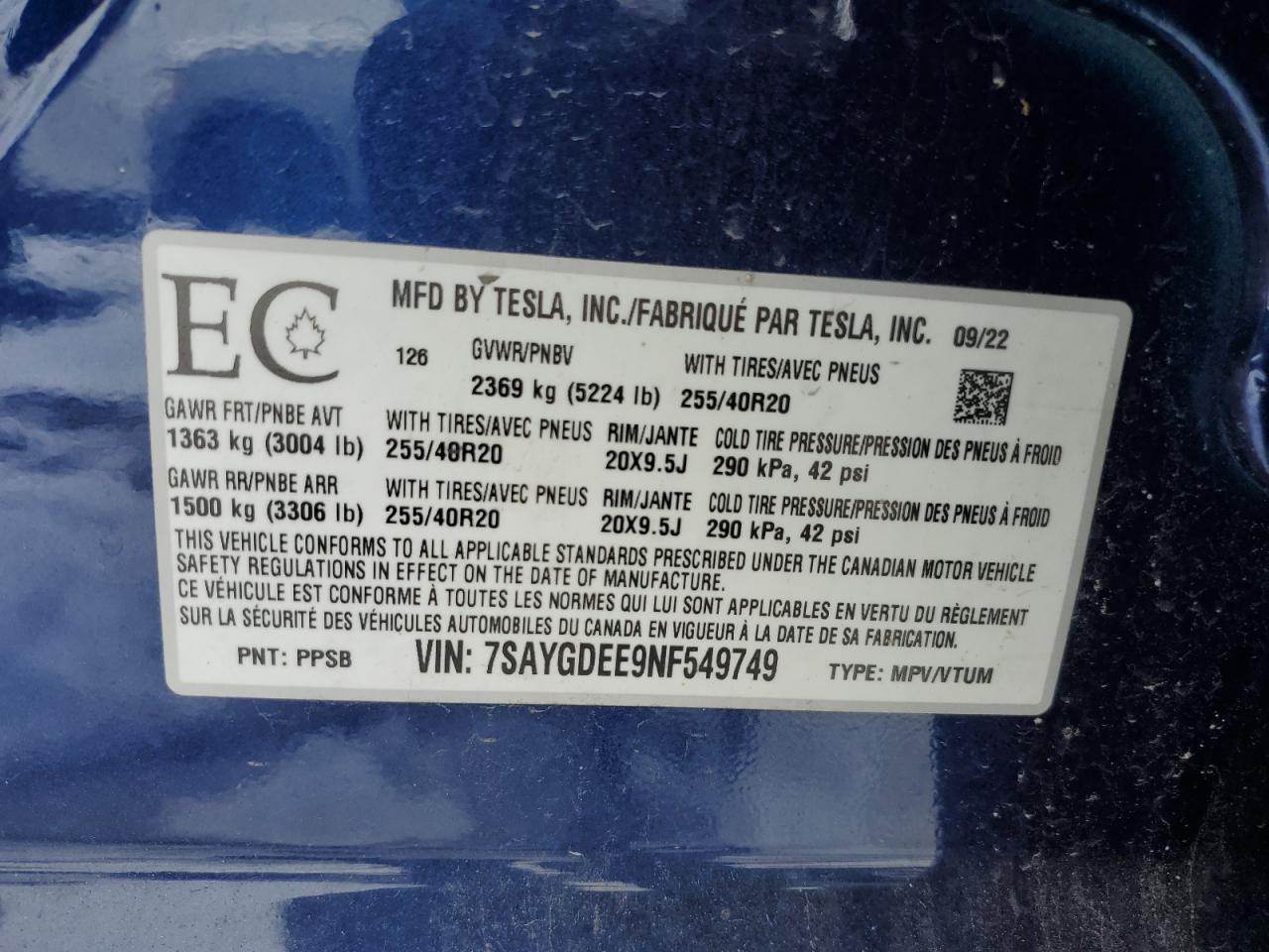 2022 Tesla Model Y VIN: 7SAYGDEE9NF549749 Lot: 90094835