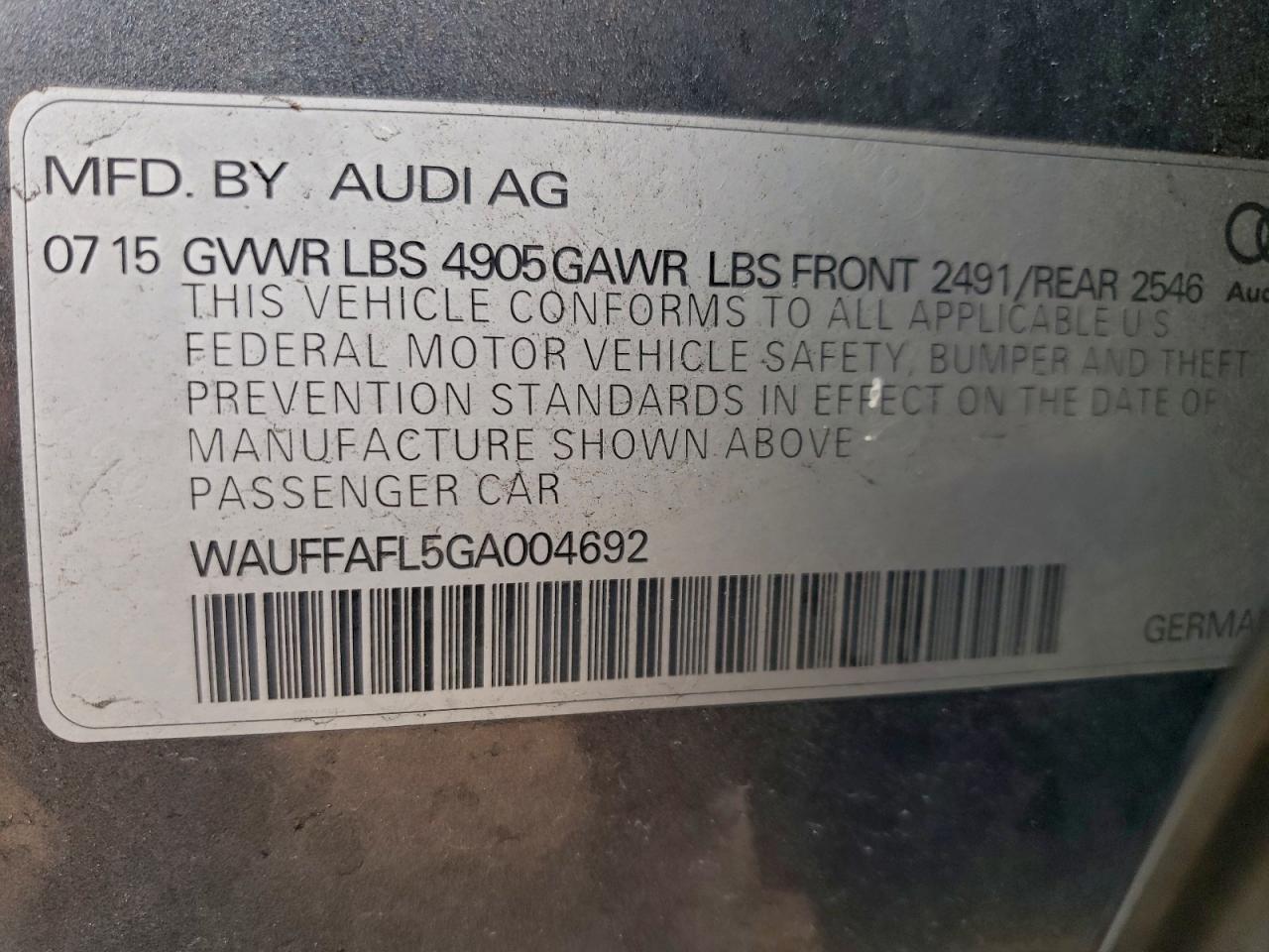 2016 Audi A4 Premium Plus S-Line VIN: WAUFFAFL5GA004692 Lot: 91379995