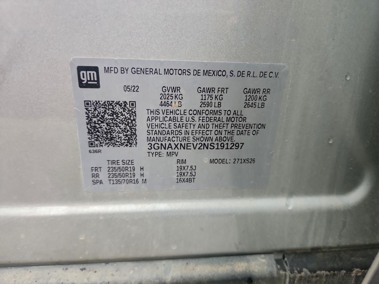 2022 Chevrolet Equinox Premier VIN: 3GNAXNEV2NS191297 Lot: 94184155