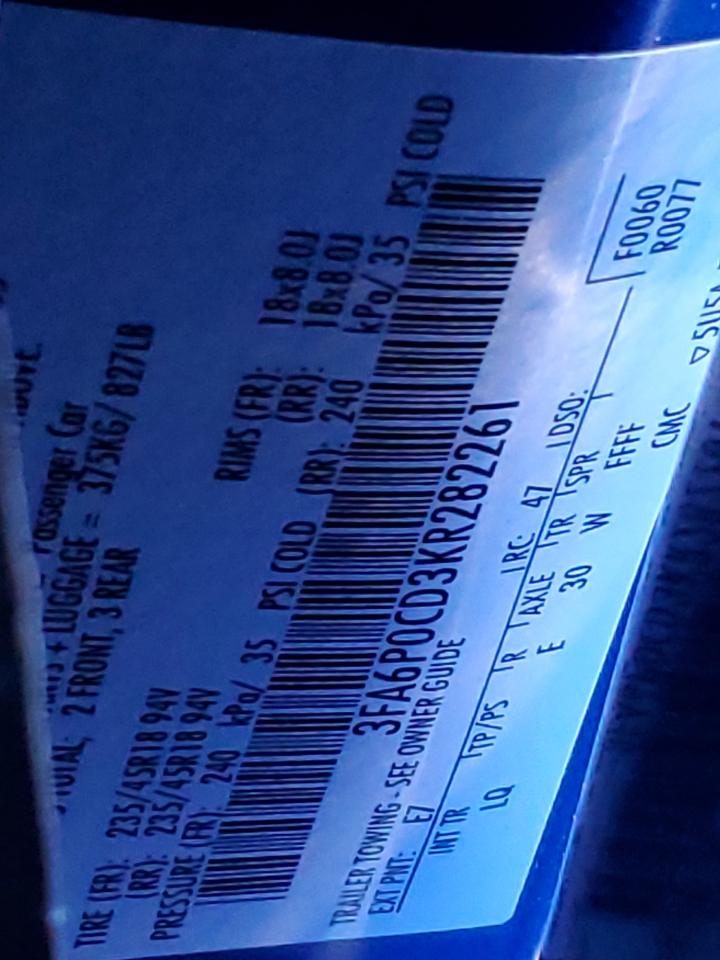 2019 Ford Fusion Sel VIN: 3FA6P0CD3KR282261 Lot: 93006495