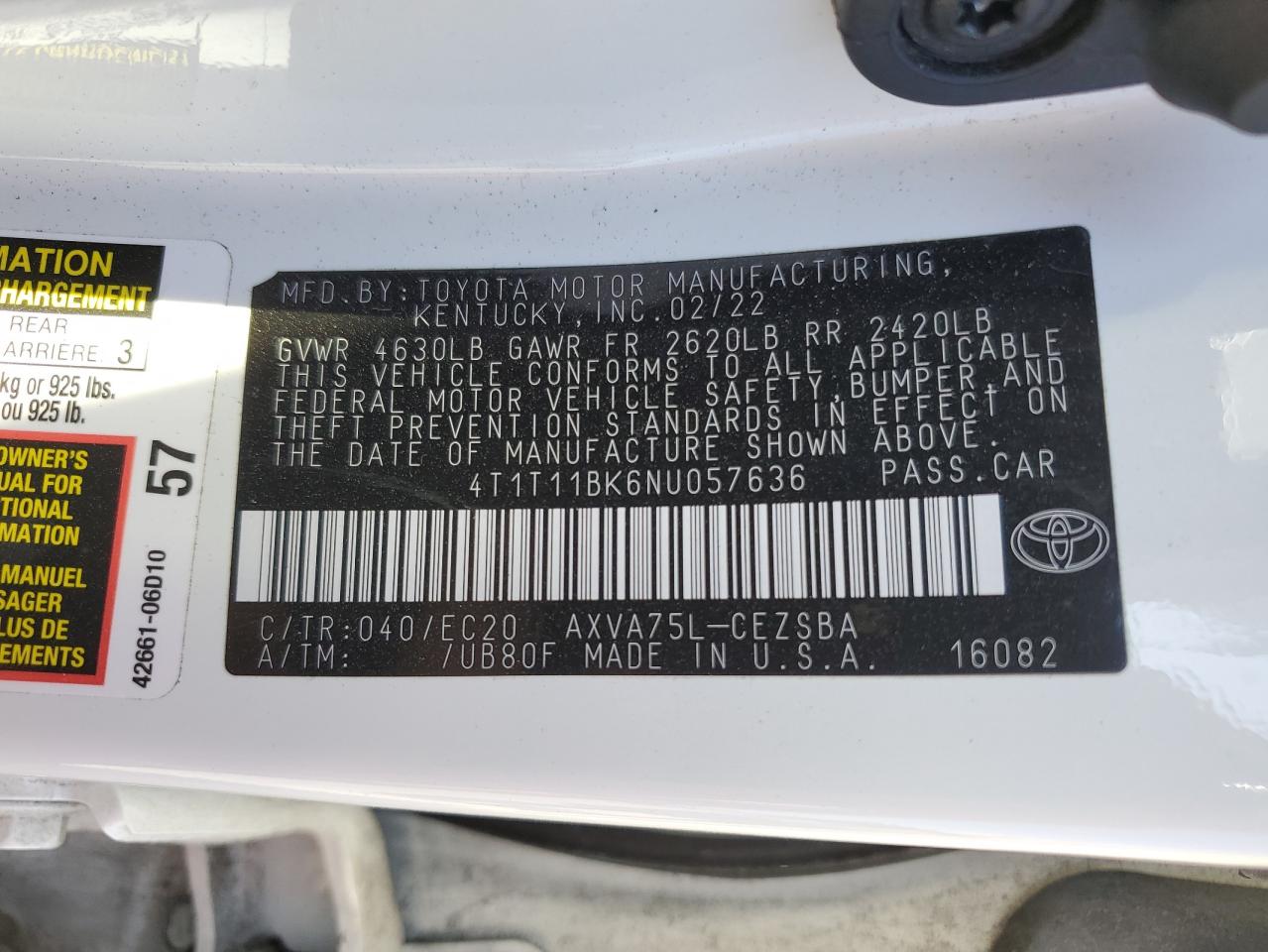 2022 Toyota Camry Se VIN: 4T1T11BK6NU057636 Lot: 92820625