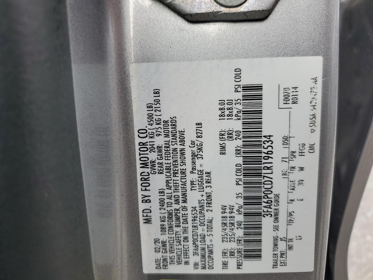 2020 Ford Fusion Sel VIN: 3FA6P0CD7LR196534 Lot: 93057685