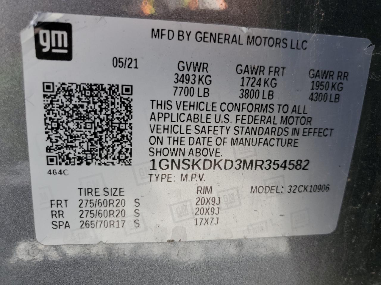 2021 Chevrolet Suburban K1500 Z71 VIN: 1GNSKDKD3MR354582 Lot: 91573675