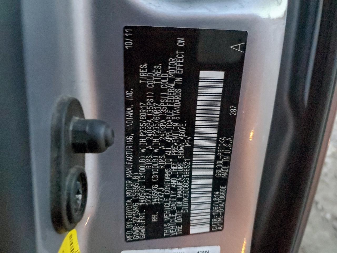 2012 Toyota Sienna Xle VIN: 5TDYK3DC6CS186521 Lot: 93012045