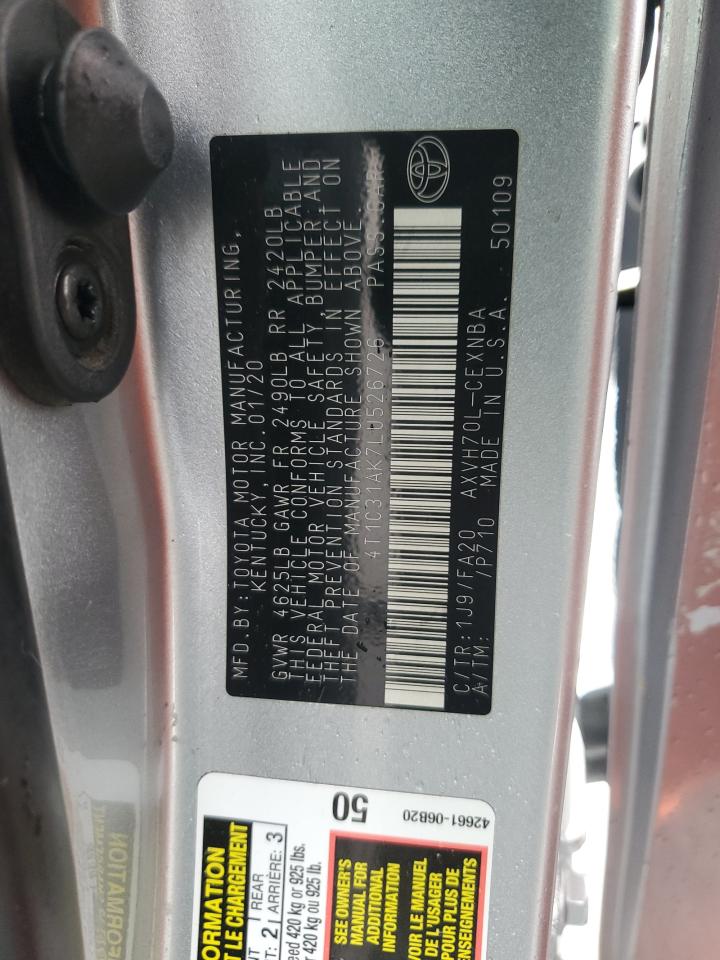 2020 Toyota Camry Le VIN: 4T1C31AK7LU526726 Lot: 92898375