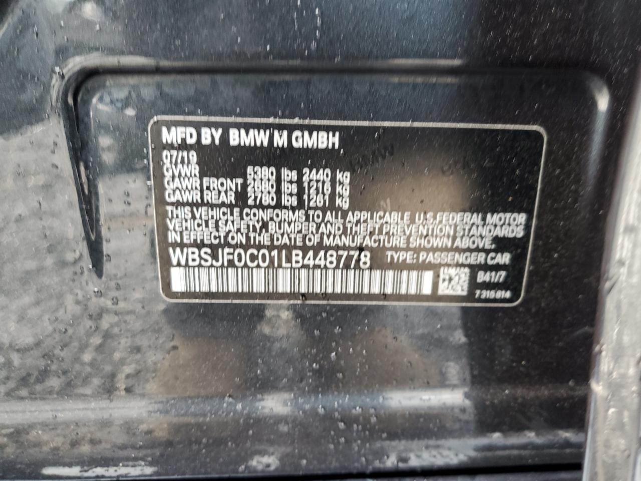 2020 BMW M5 Base VIN: WBSJF0C01LB448778 Lot: 93131455