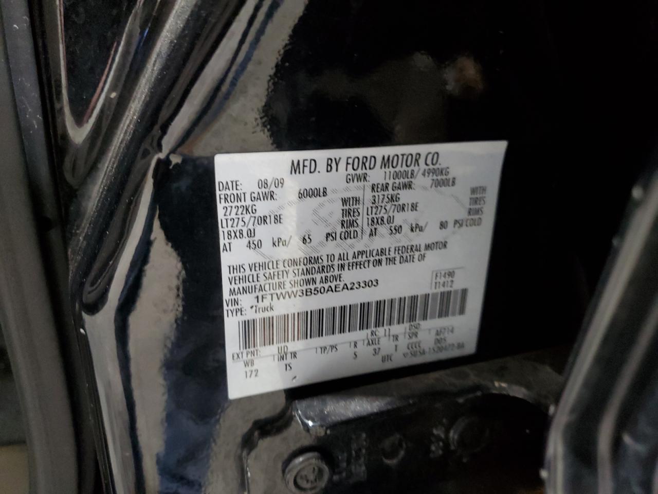 2010 Ford F350 Super Duty VIN: 1FTWW3B50AEA23303 Lot: 93430115