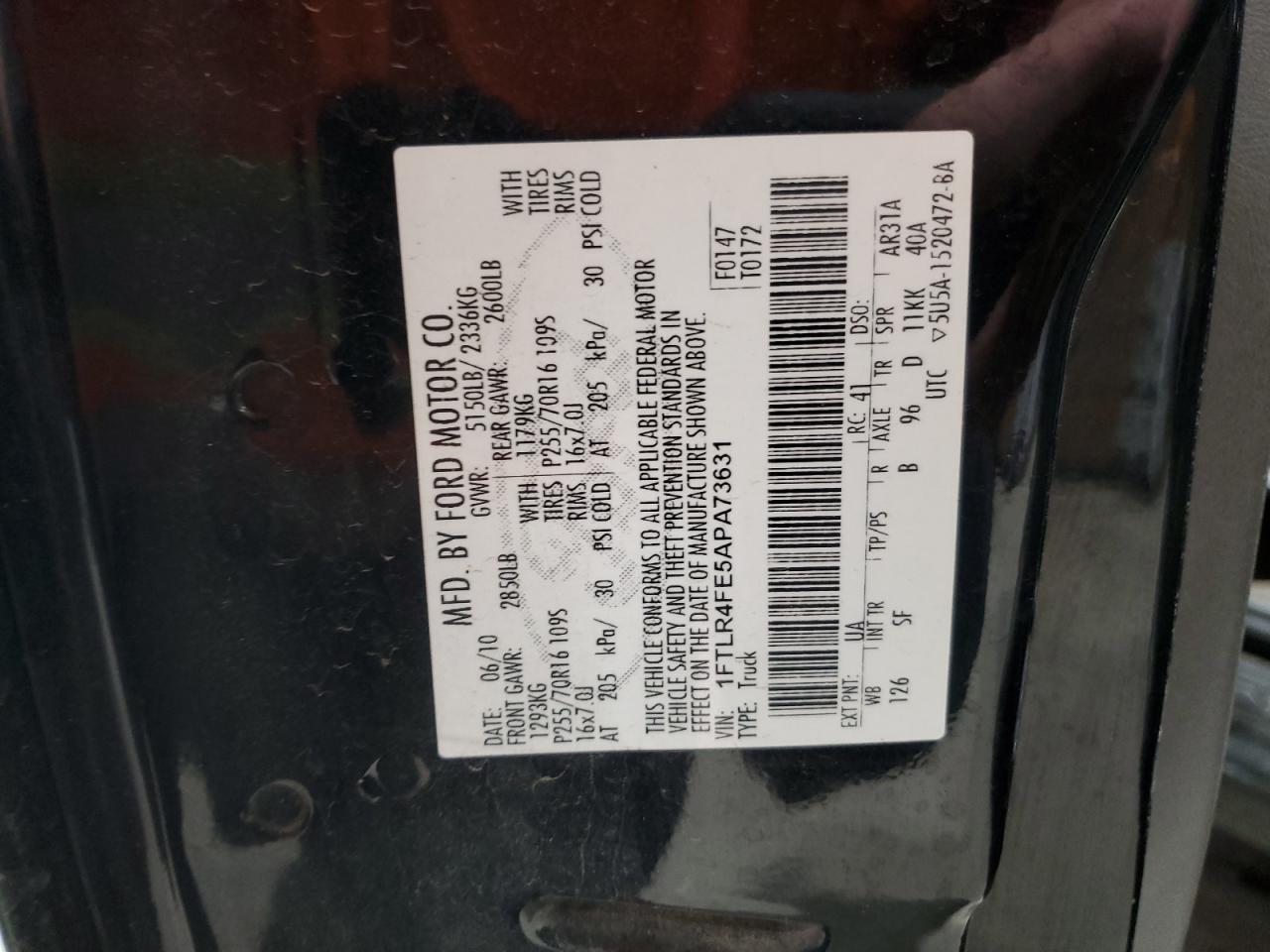 2010 Ford Ranger Super Cab VIN: 1FTLR4FE5APA73631 Lot: 90024185