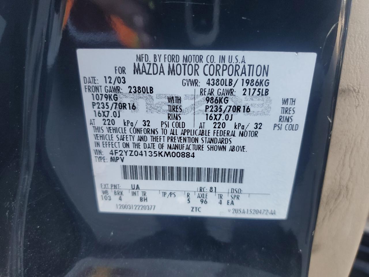 2005 Mazda Tribute S VIN: 4F2YZ04135KM00884 Lot: 91408905