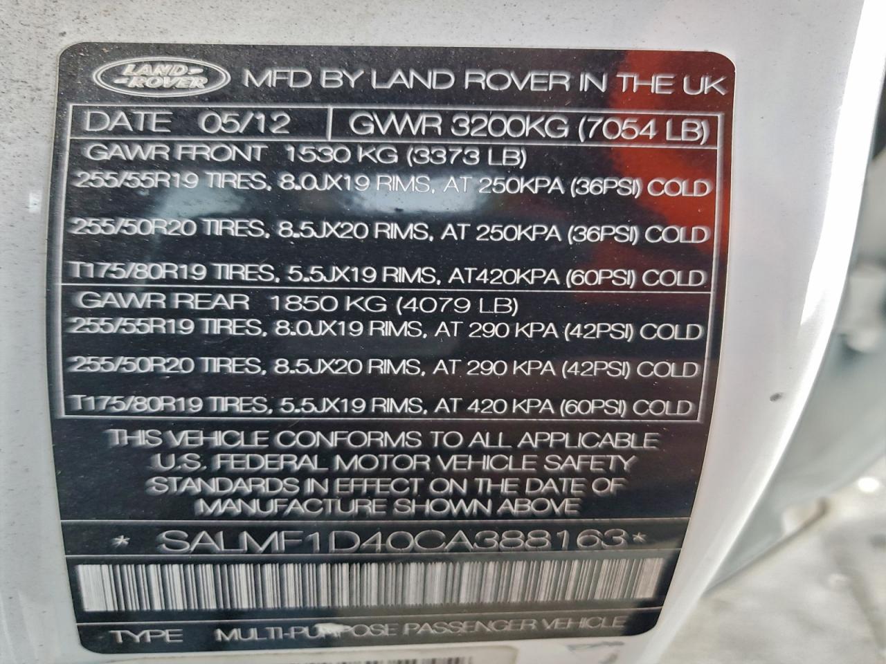 2012 Land Rover Range Rover Hse Luxury VIN: SALMF1D40CA388163 Lot: 94439565