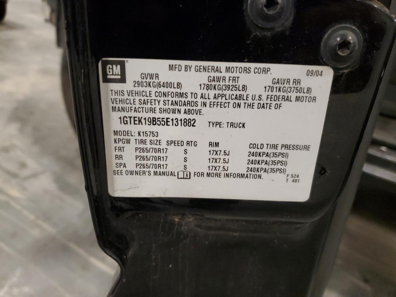 2005 GMC New Sierra K1500 VIN: 1GTEK19B55E131882 Lot: 92753995