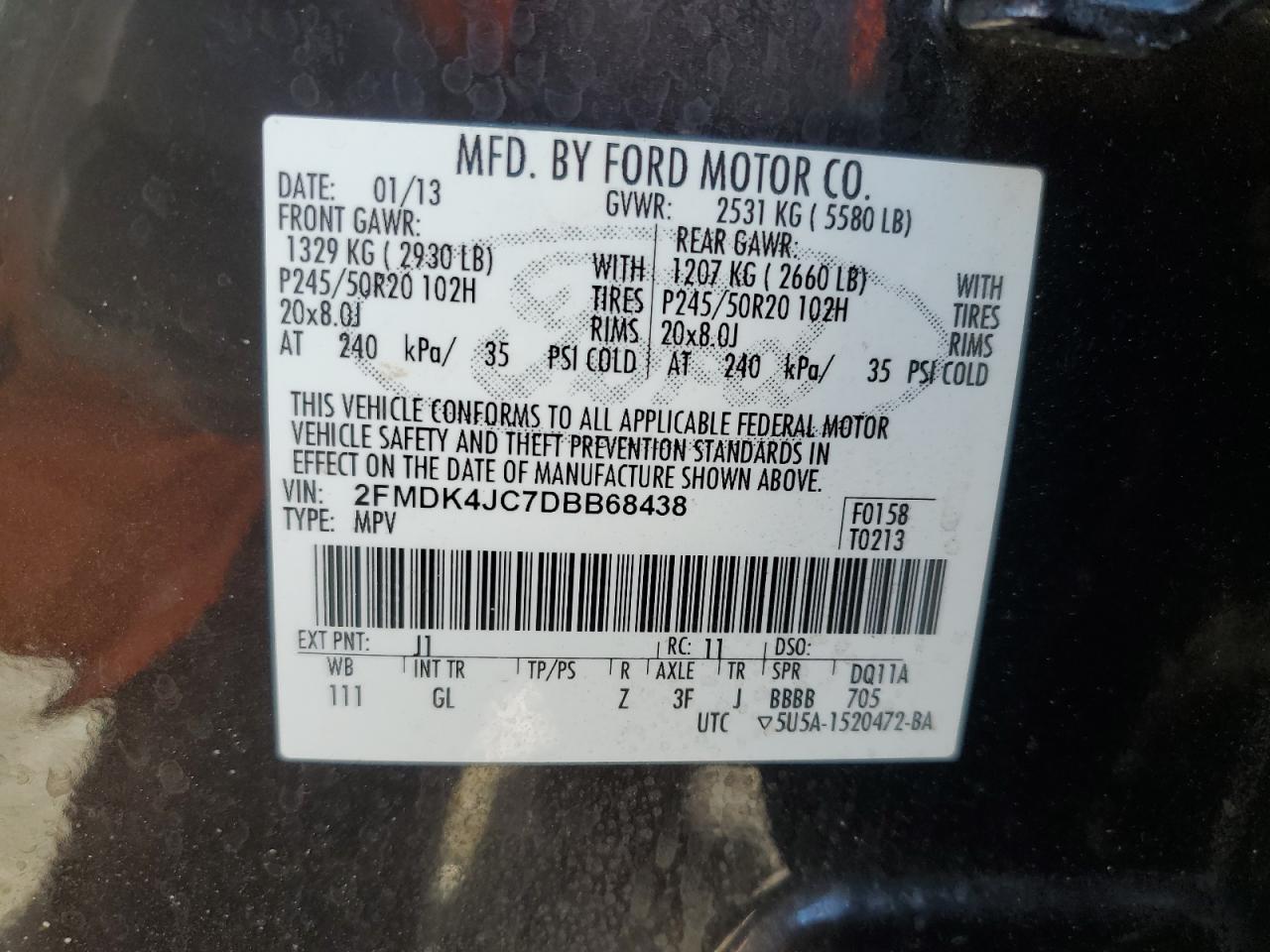 2013 Ford Edge Sel VIN: 2FMDK4JC7DBB68438 Lot: 92865945