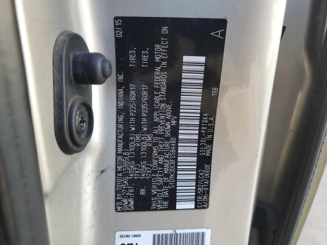 2015 Toyota Sienna Xle VIN: 5TDYK3DC8FS584480 Lot: 92413595