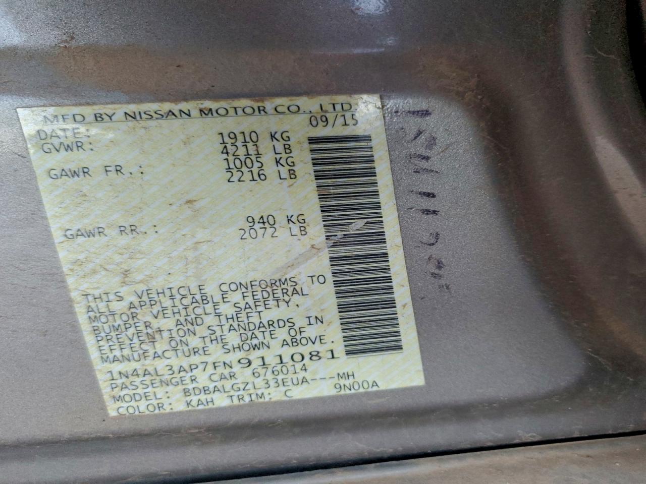 2015 Nissan Altima 2.5 VIN: 1N4AL3AP7FN911081 Lot: 94403215