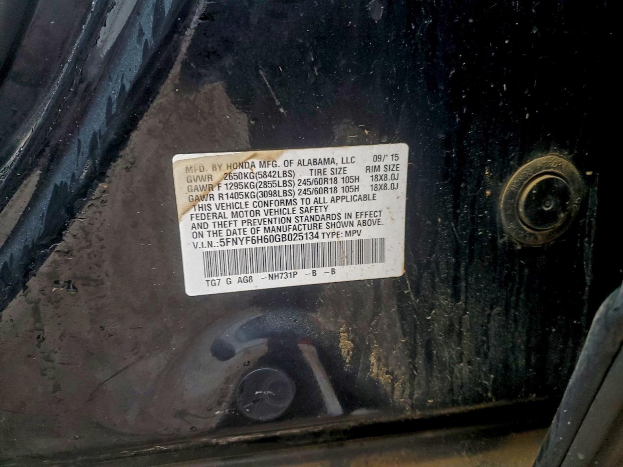 2016 Honda Pilot Exl VIN: 5FNYF6H60GB025134 Lot: 94344895