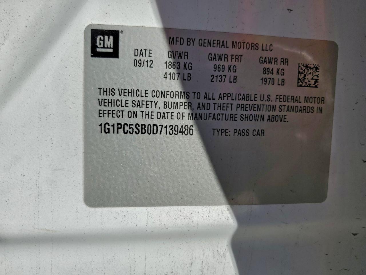 2013 Chevrolet Cruze Lt VIN: 1G1PC5SB0D7139486 Lot: 94214055