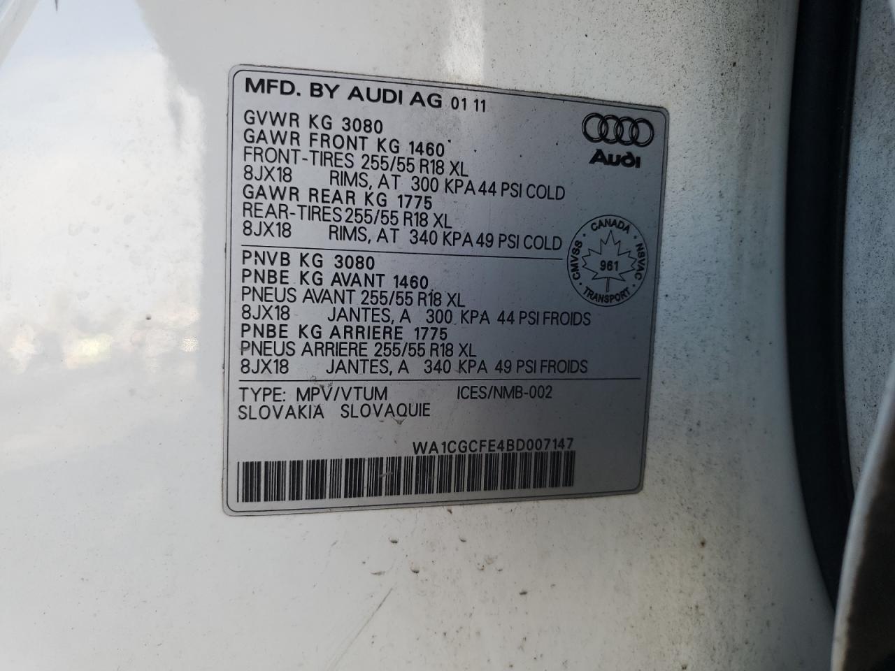 2011 Audi Q7 Premium VIN: WA1CGCFE4BD007147 Lot: 90577565