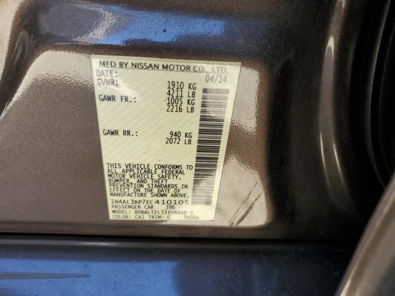 2014 Nissan Altima 2.5 VIN: 1N4AL3AP7EC410105 Lot: 92217295