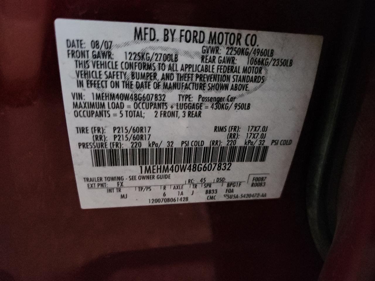 2008 Mercury Sable Luxury VIN: 1MEHM40W48G607832 Lot: 92503885