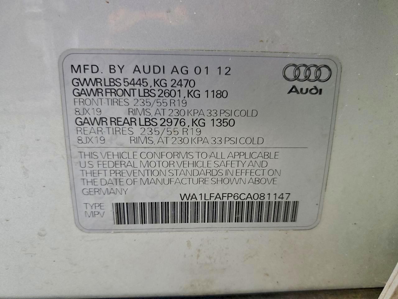 2012 Audi Q5 Premium Plus VIN: WA1LFAFP6CA081147 Lot: 93997265