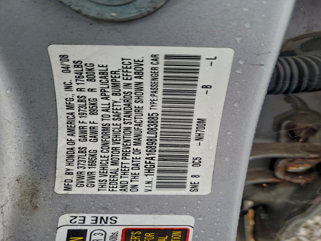 2008 Honda Civic Ex VIN: 1HGFA16898L083885 Lot: 94417075