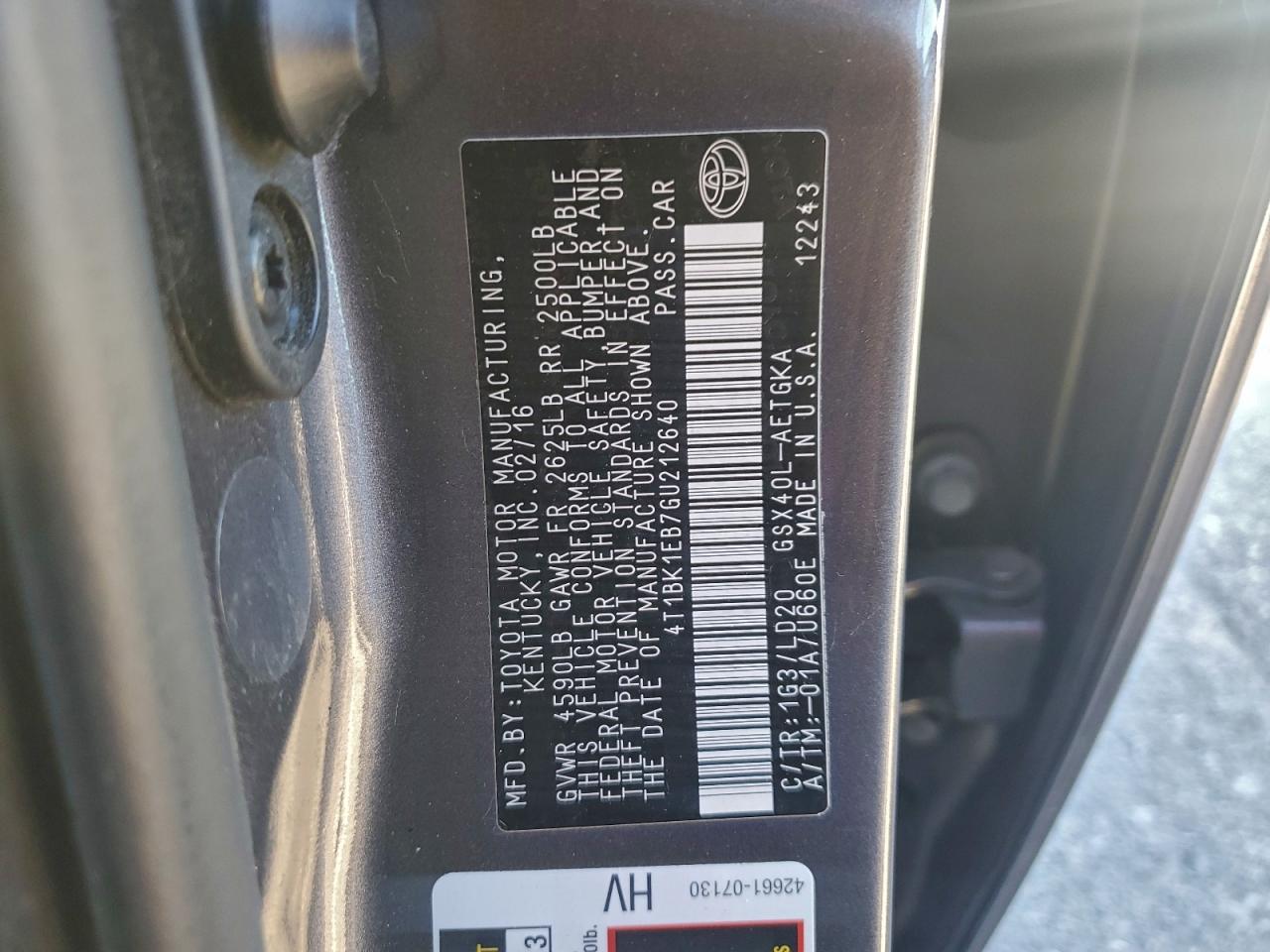 2016 Toyota Avalon Xle VIN: 4T1BK1EB7GU212640 Lot: 94309935