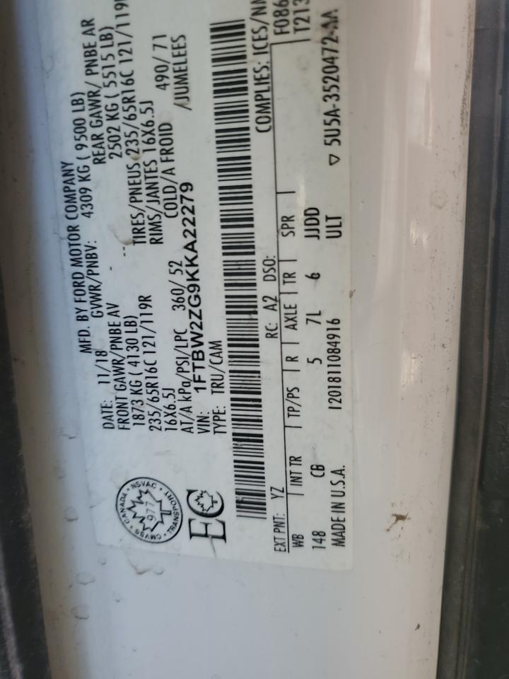 2019 Ford Transit T-350 VIN: 1FTBW2ZG9KKA22279 Lot: 92053895