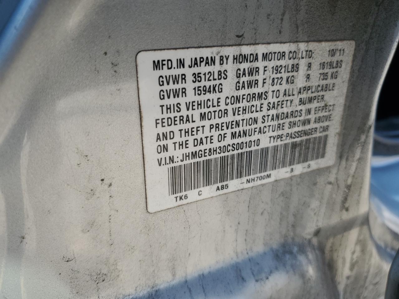 2012 Honda Fit VIN: JHMGE8H30CS001010 Lot: 91412895