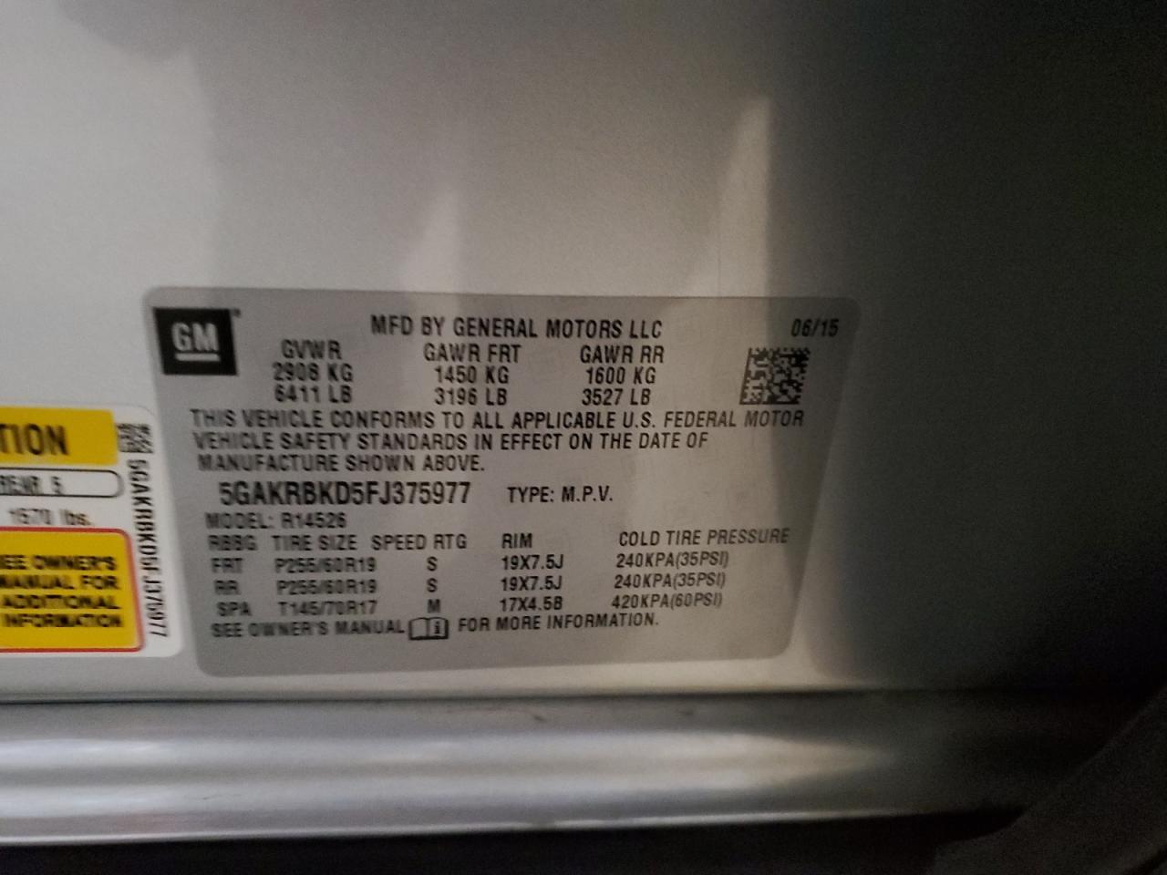 2015 Buick Enclave VIN: 5GAKRBKD5FJ375977 Lot: 93219195