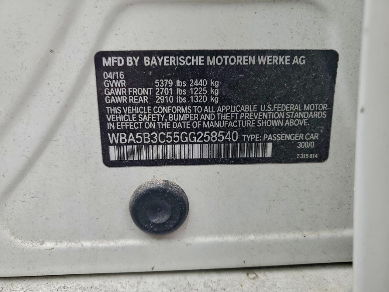 2016 BMW 535 Xi VIN: WBA5B3C55GG258540 Lot: 93754115